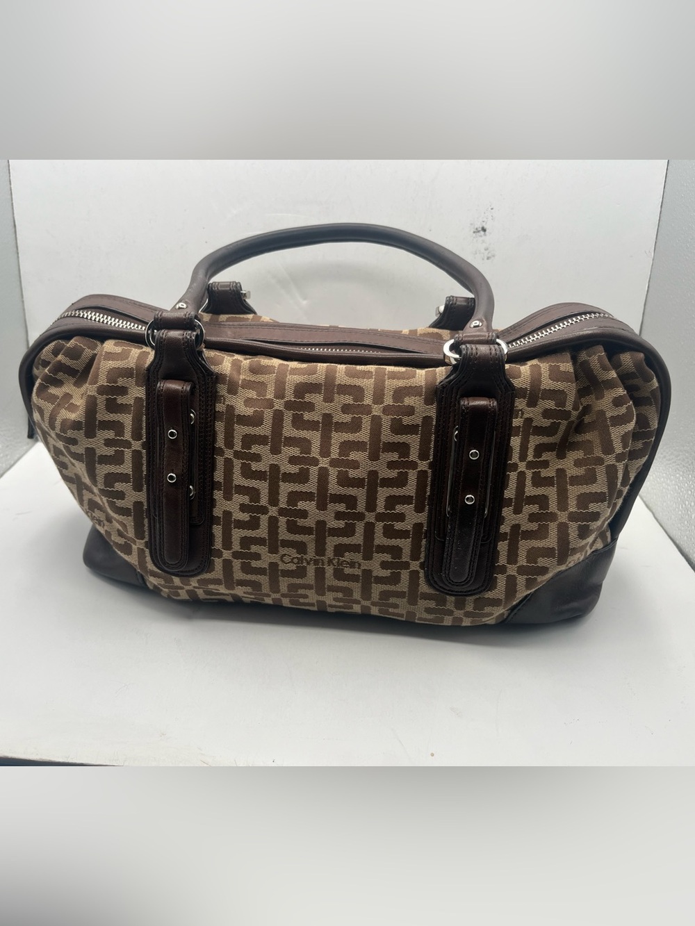Calvin Klein Brown Canvas Monogram Tote with Dark Trim